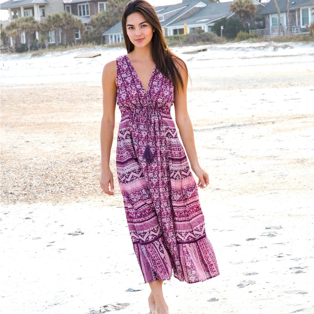 NWT Gianna Midi Beach Dress - Purple Floral Border